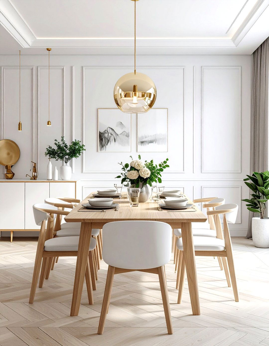 Scandinavian white and gold dining - 30 gold and white dining room ideas