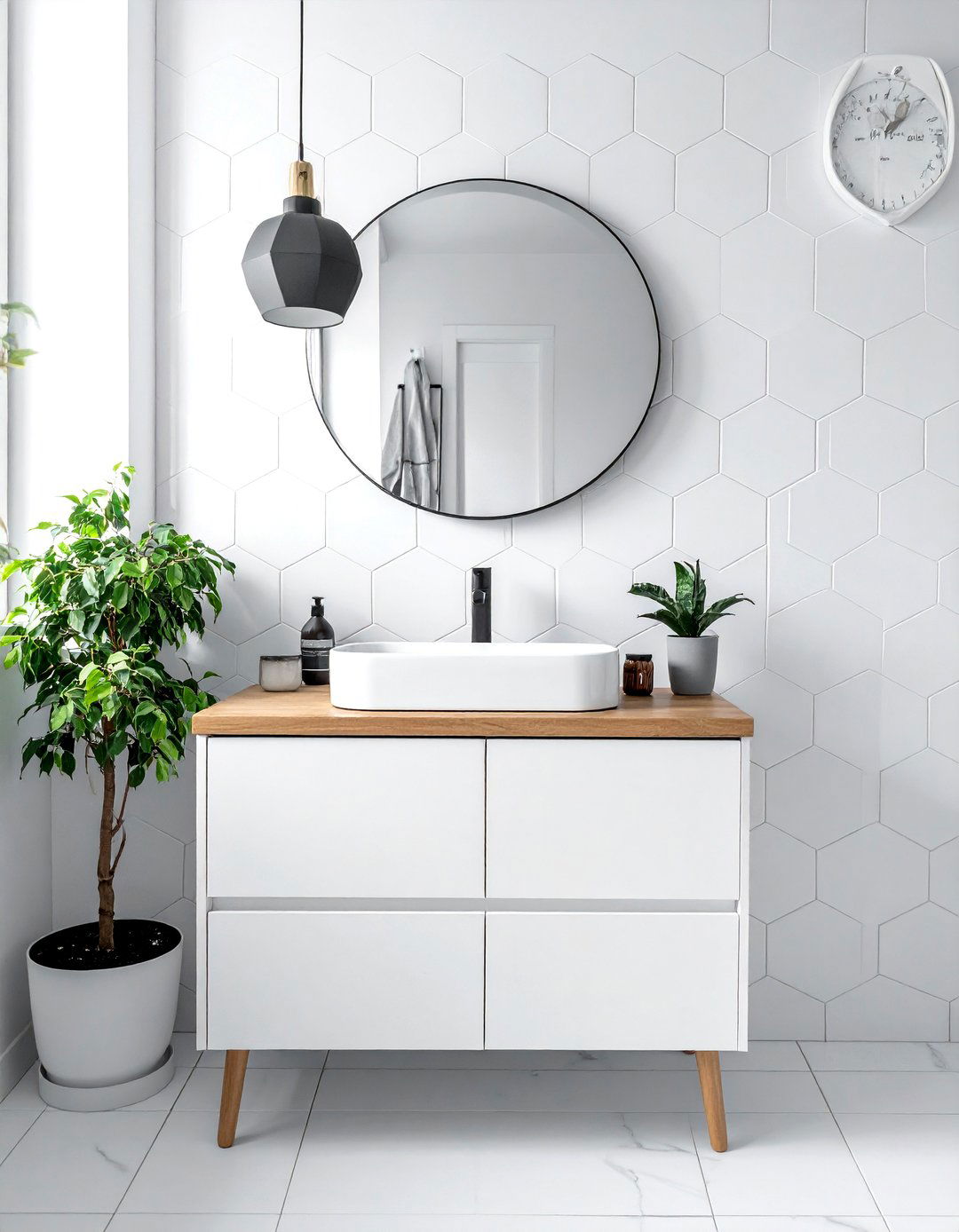 Scandinavian white hexagon tile bathroom - 30 white hexagon tile bathroom ideas