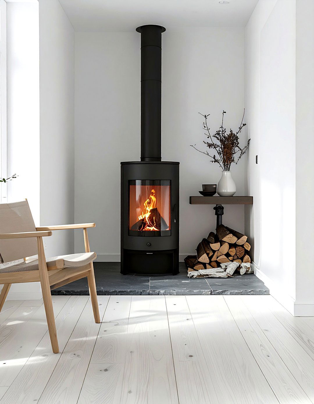Scandinavian wood stove - 30 living room wood burning fireplace ideas