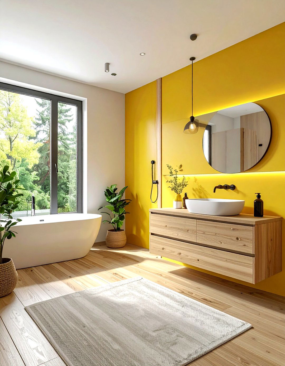Scandinavian yellow wood bathroom - 30 bright yellow bathroom ideas