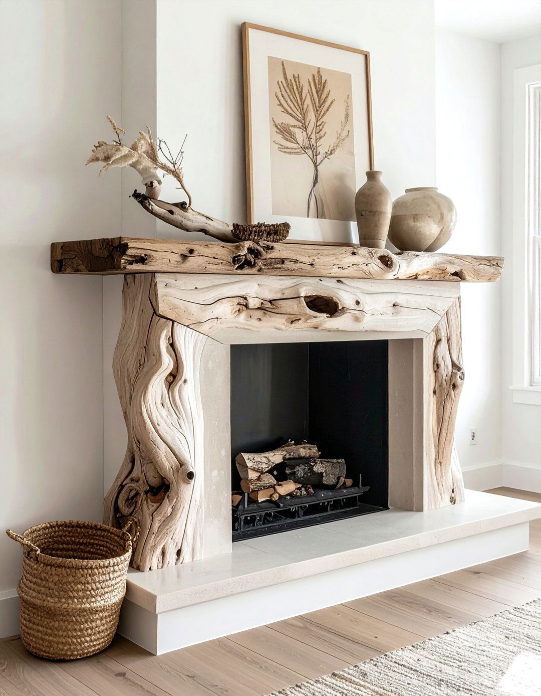 Sculptural Driftwood Piece - 30 minimalist mantel ideas