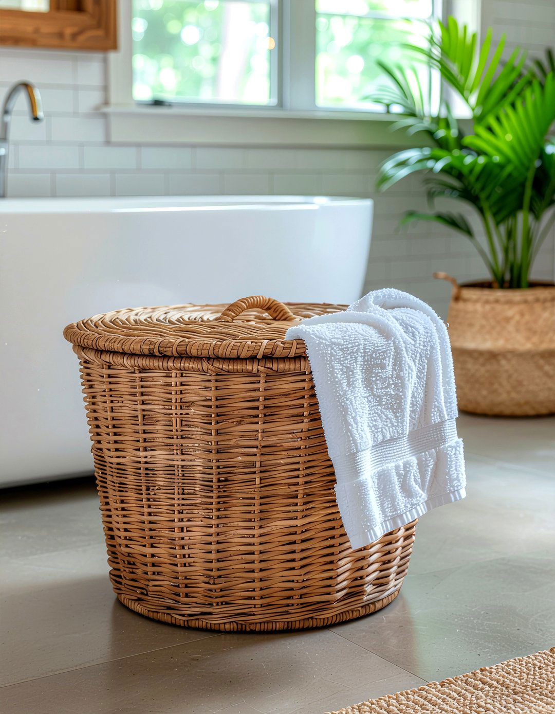 Seagrass Basket Towel Chest - 30 bathroom towel styling ideas