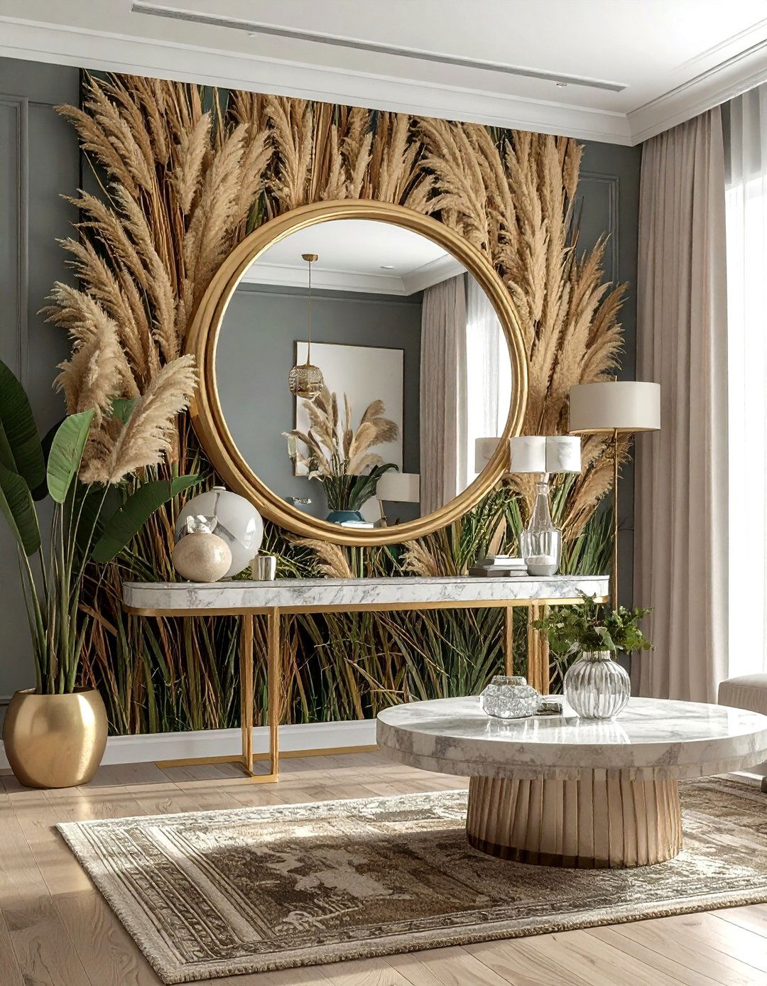 Seagrass Wallpaper With Mirror Frame - 30 mixed texture decor ideas