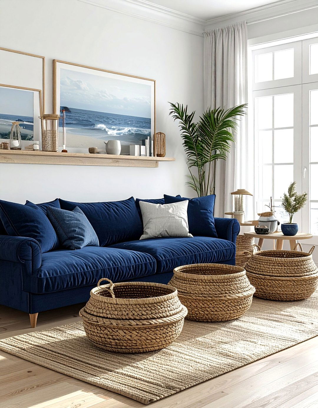 Seagrass storage baskets - 30 coastal navy living room ideas