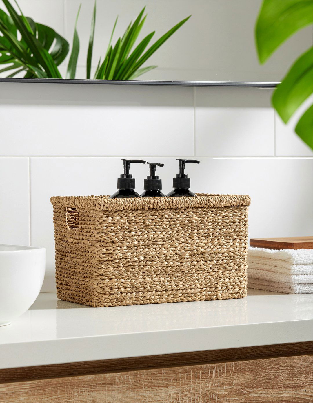 Seagrass storage bin - 30 bathroom countertop styling ideas