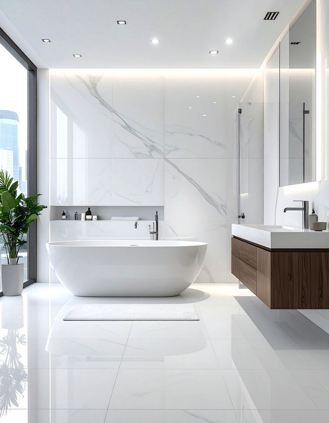 Seamless porcelain slab bathroom wall - 30 oversized tile bathroom ideas