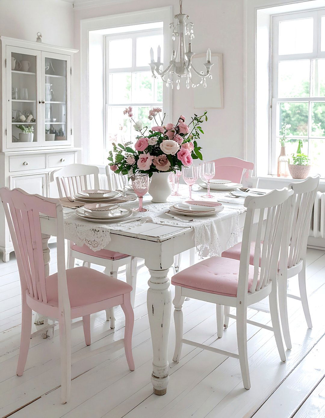 Shabby chic blush white dining - 30 blush and white dining room ideas