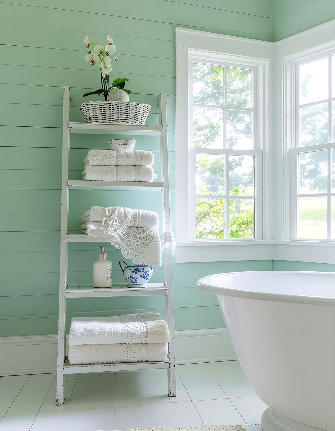 Shabby chic ladder shelf - 30 bathroom ladder shelf ideas