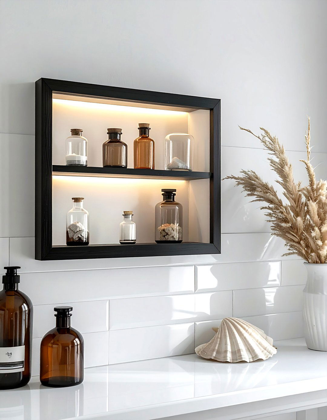 Shadow box display - 30 bathroom overhead storage ideas
