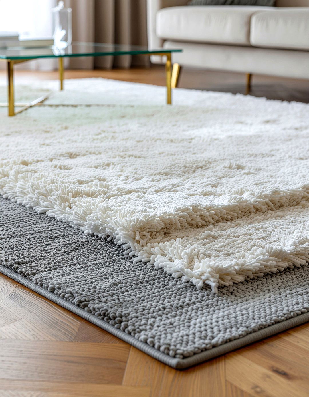 Shag rug over flatweave rug - 30 living room rug layering ideas