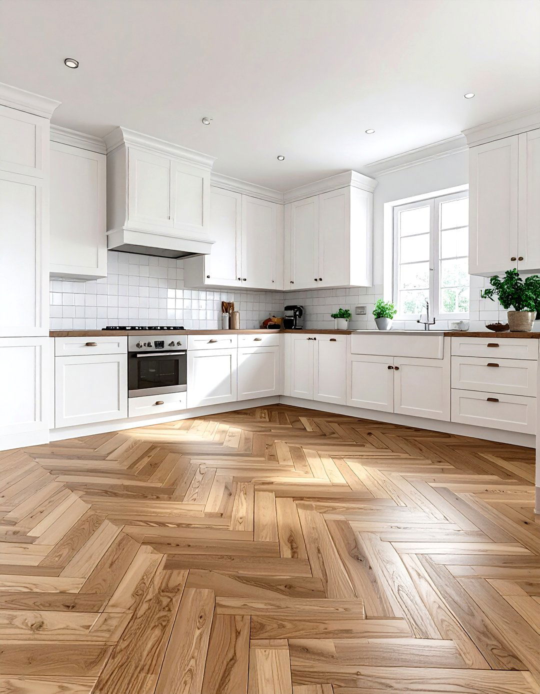 Shaker kitchen natural wood herringbone - 30 herringbone floor kitchen ideas