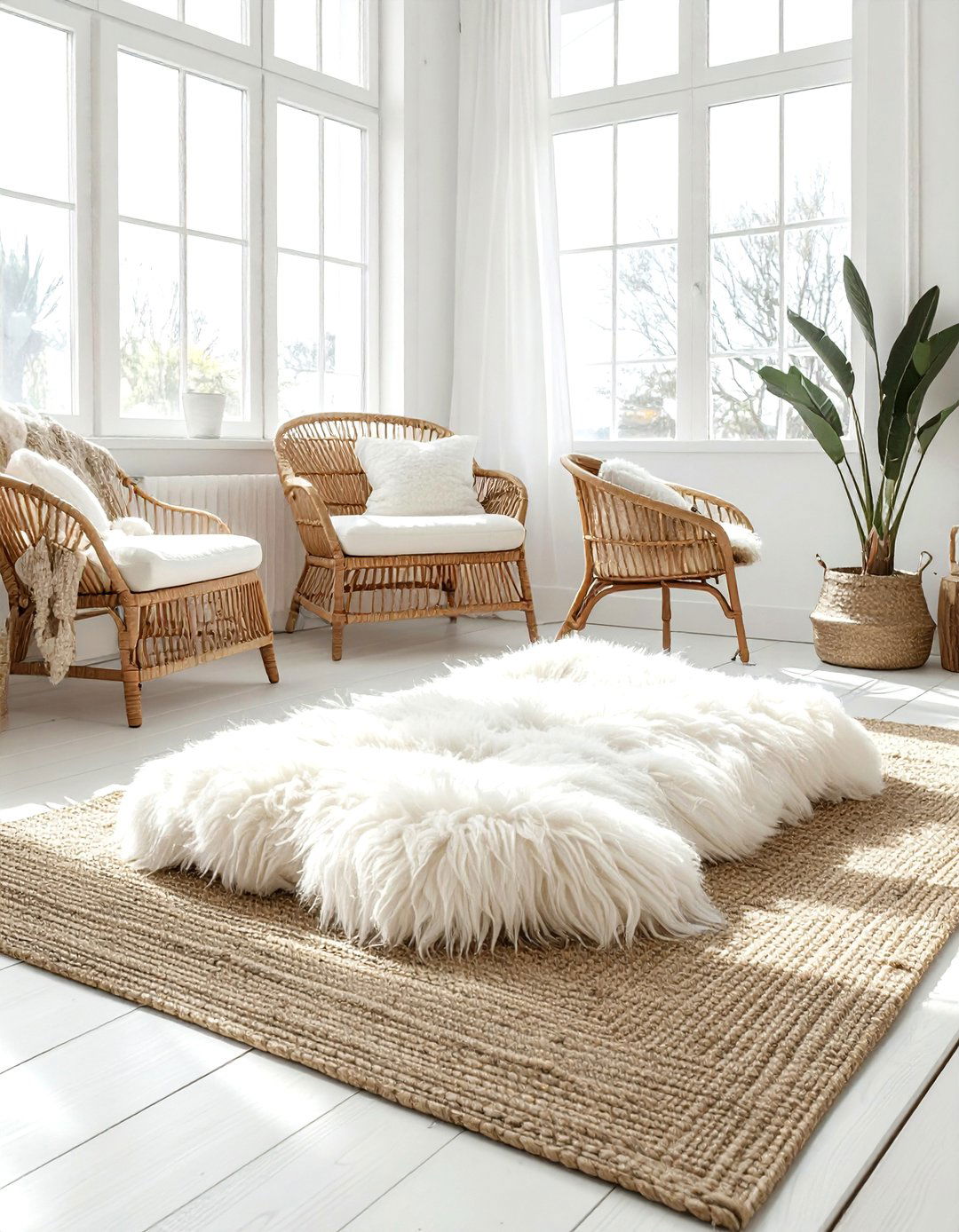 Sheepskin Layered Over Jute Rug - 30 sheepskin decor ideas