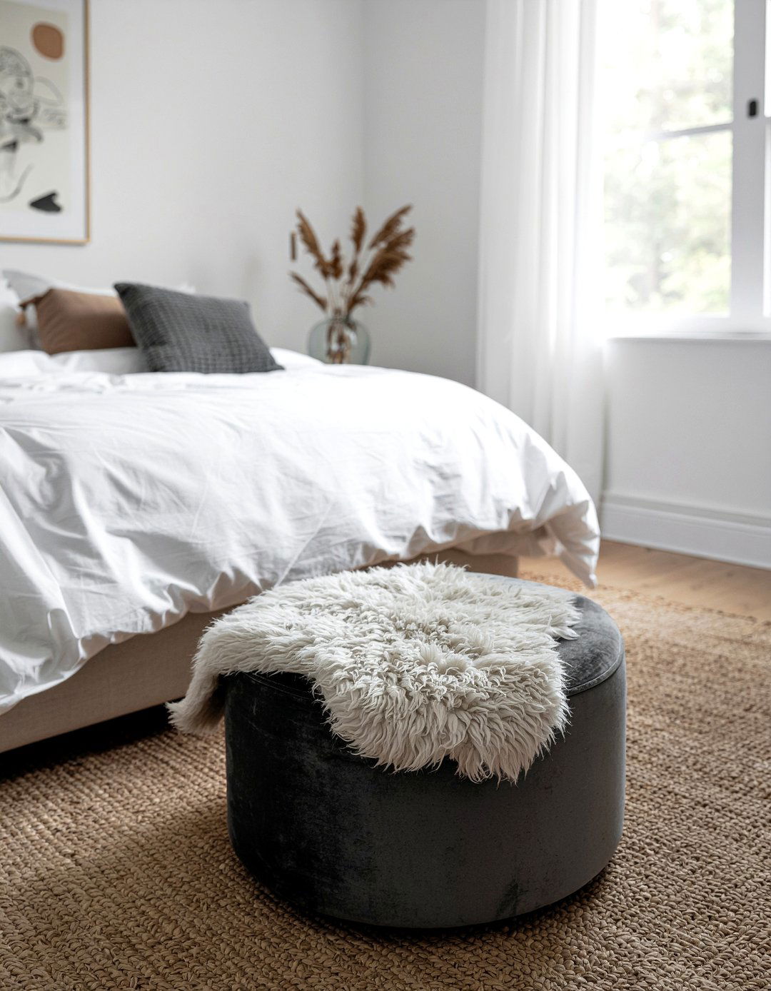 Sheepskin Ottoman Cover - 30 sheepskin bedroom ideas