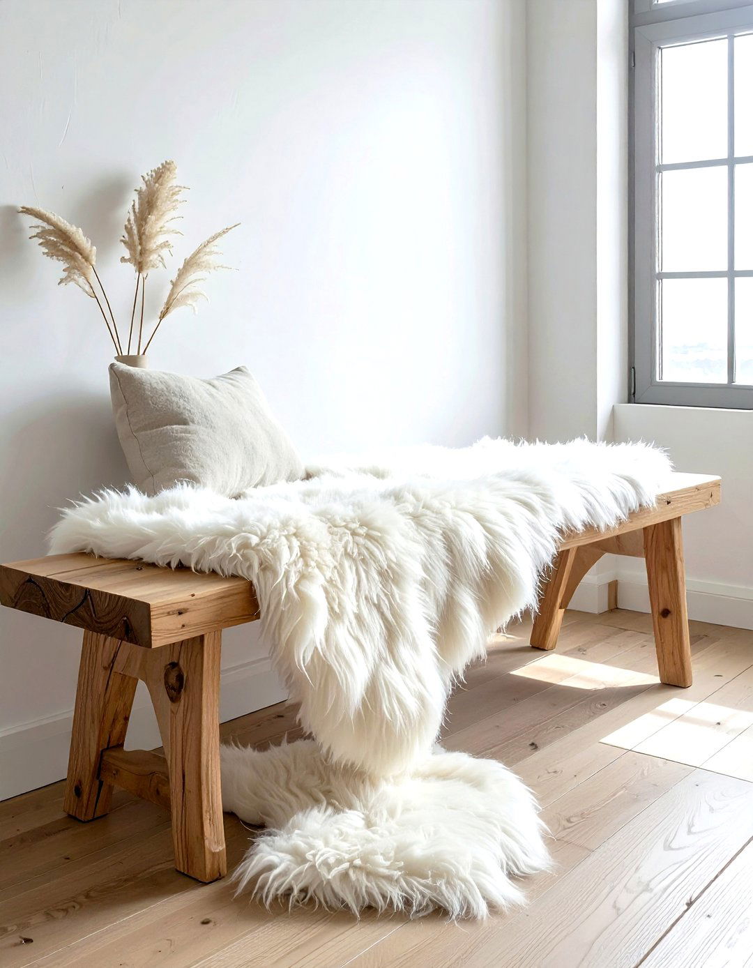 Sheepskin Throw Wood Bench - 30 dining room texture layering ideas