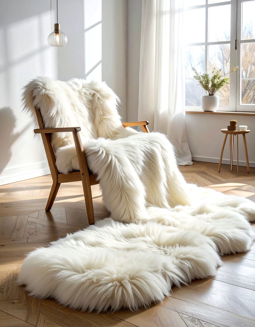 Sheepskin rug - 30 soft texture bedroom ideas