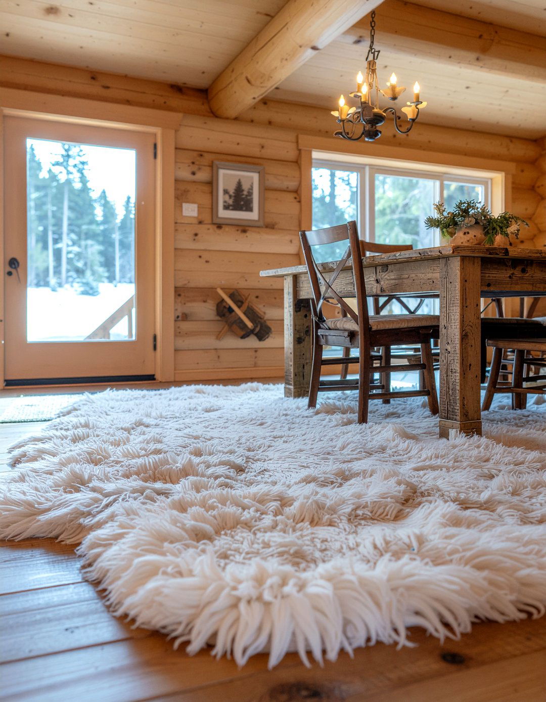 Sheepskin rug floor covering - 30 cabin dining room ideas
