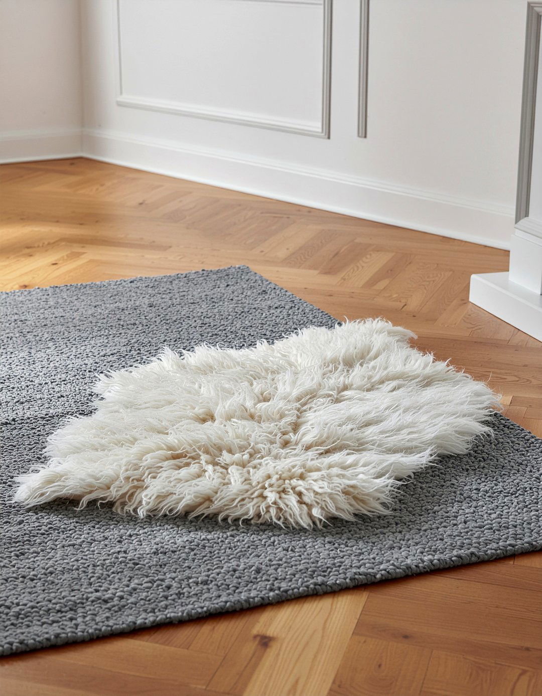 Sheepskin rug on area rug - 30 living room rug layering ideas