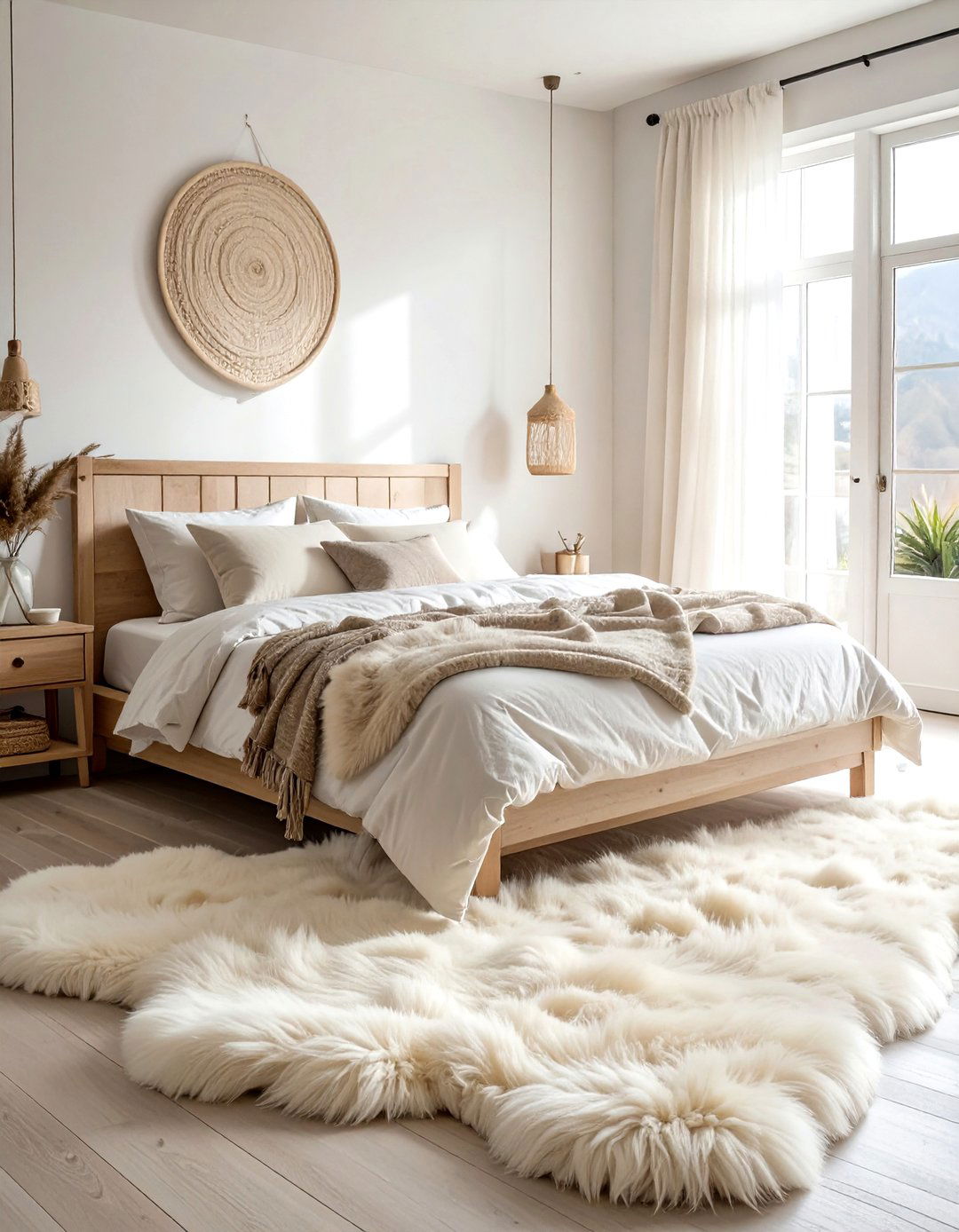 Sheepskin rug throw - 30 bohemian cream bedroom ideas