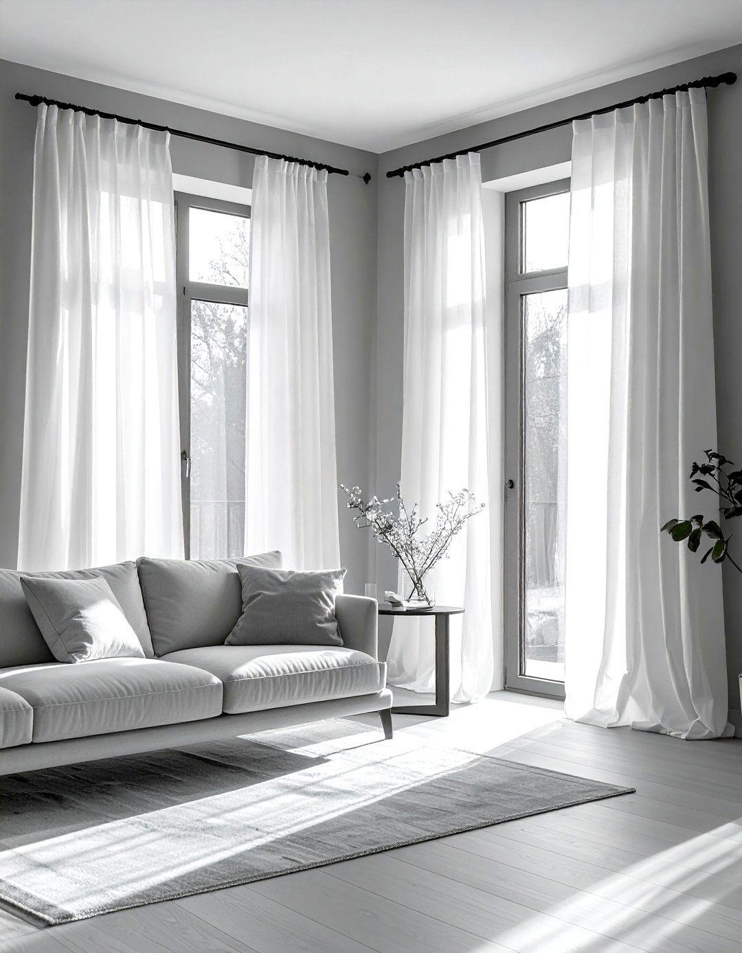 Sheer White Curtains - 30 scandinavian grey living room ideas