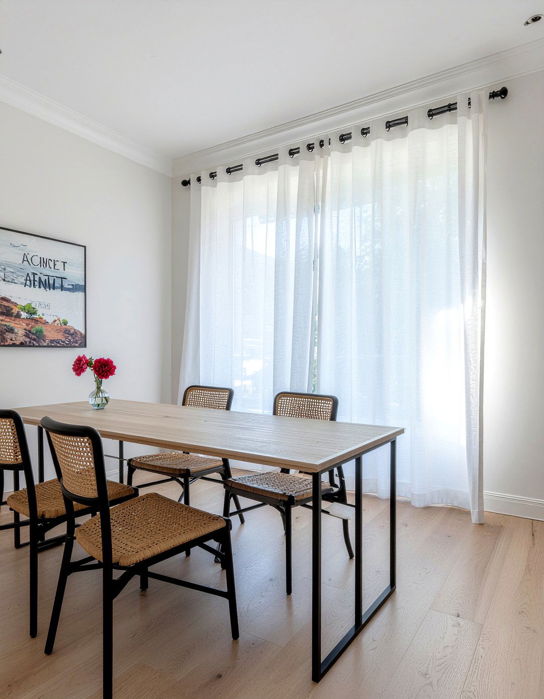 Sheer curtains with black rods - 30 sheer curtain dining room ideas