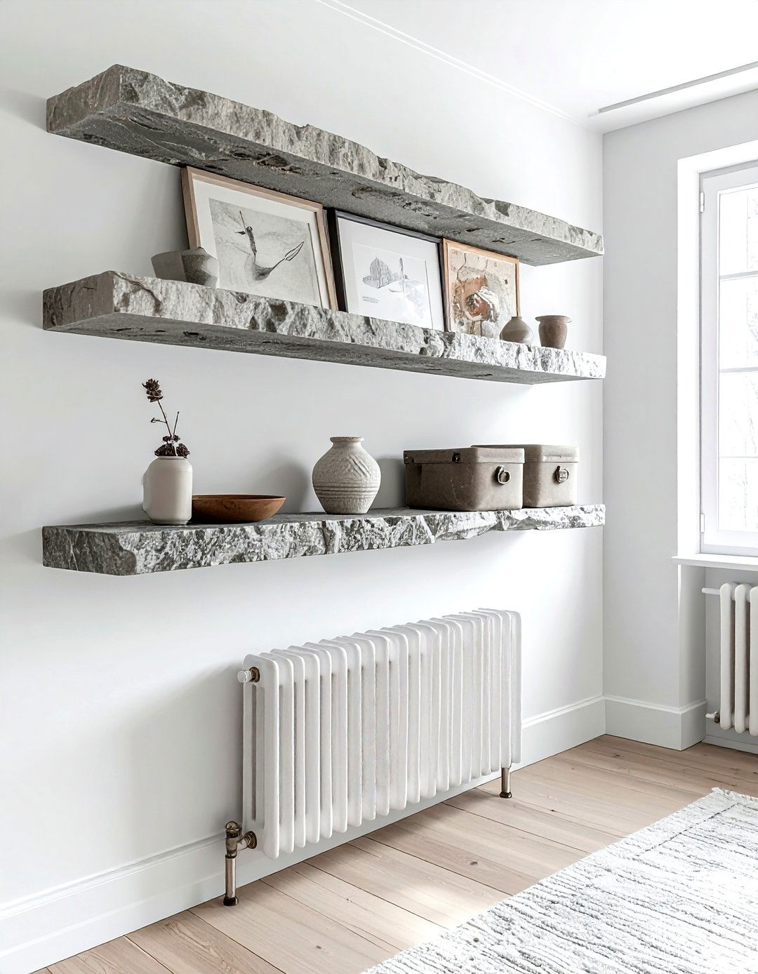 Shelf above radiator - 30 living room overhead storage ideas