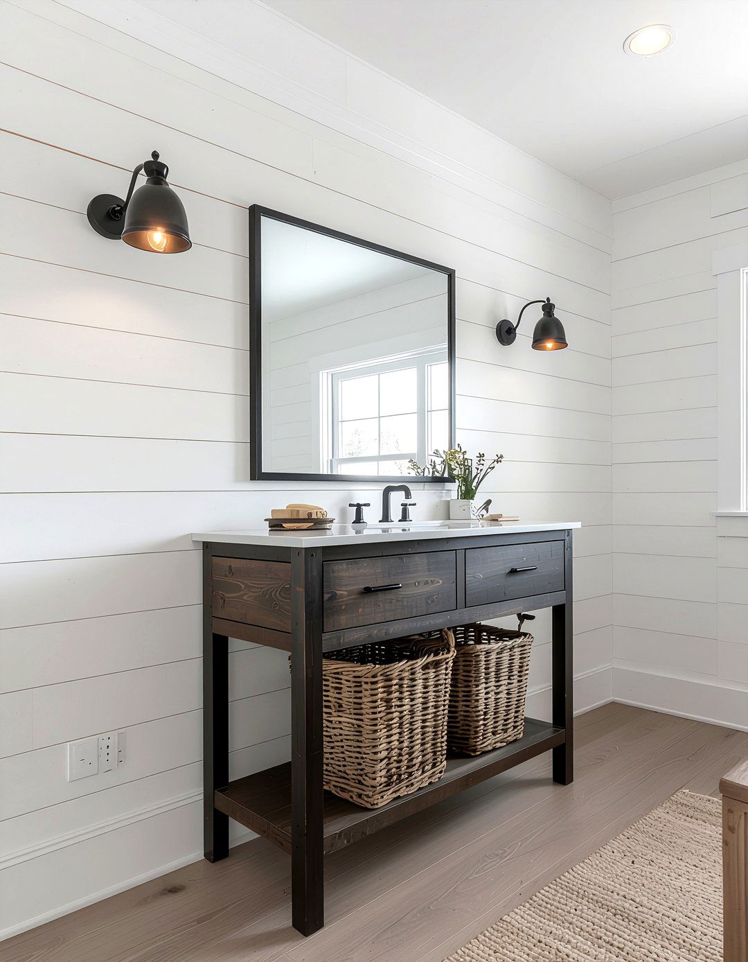 Shiplap accent wall mirror - 30 bathroom mirror statement ideas
