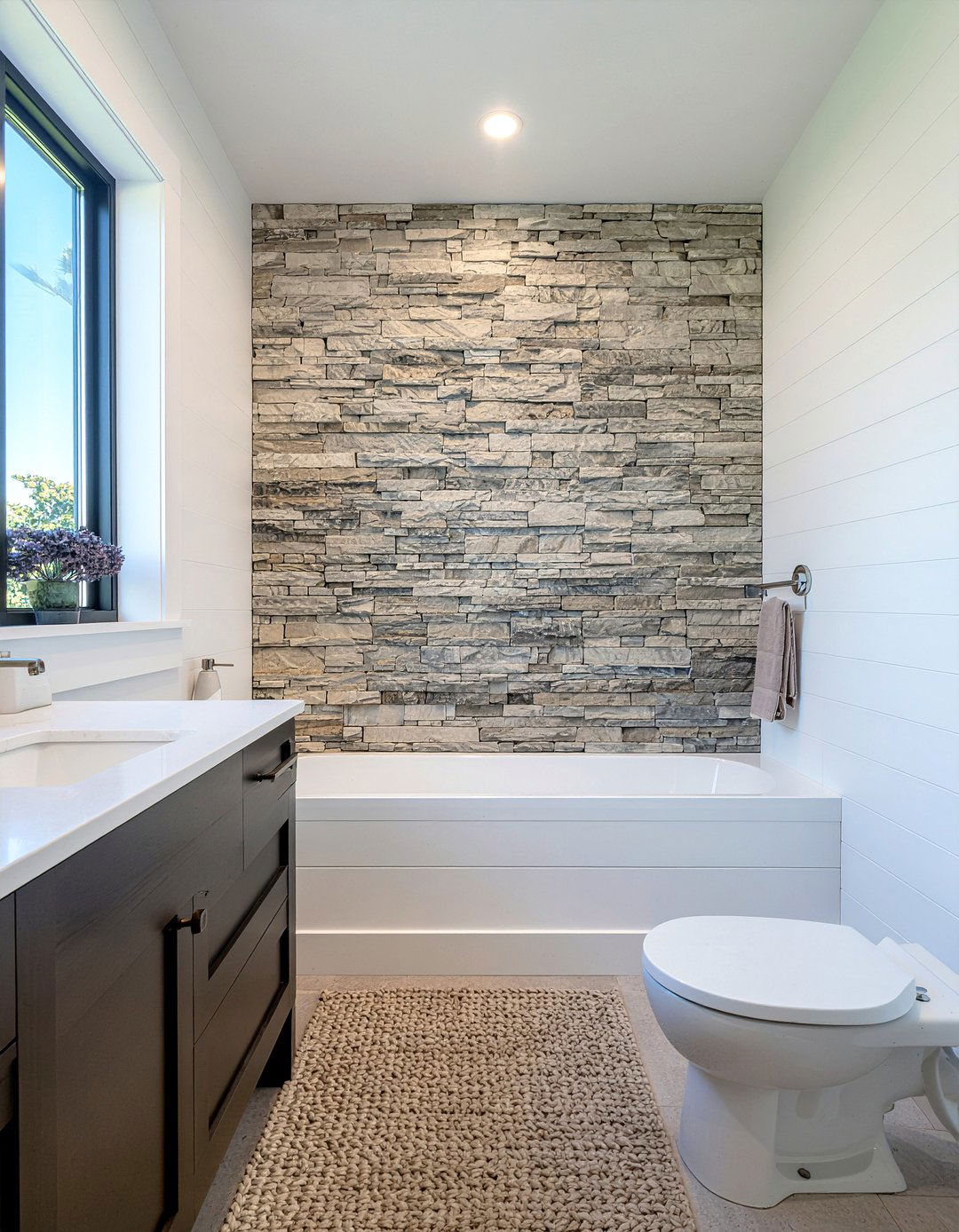Shiplap and stone bathroom walls - 30 bathroom material mixing ideas