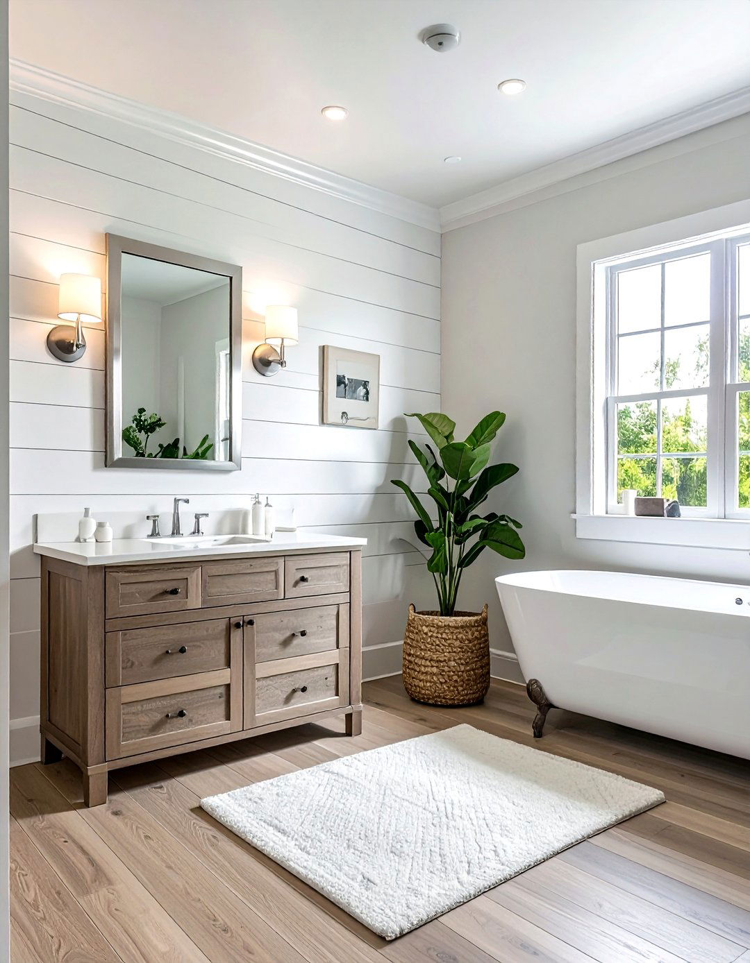 Shiplap bathroom wall - 30 brushed nickel bathroom ideas
