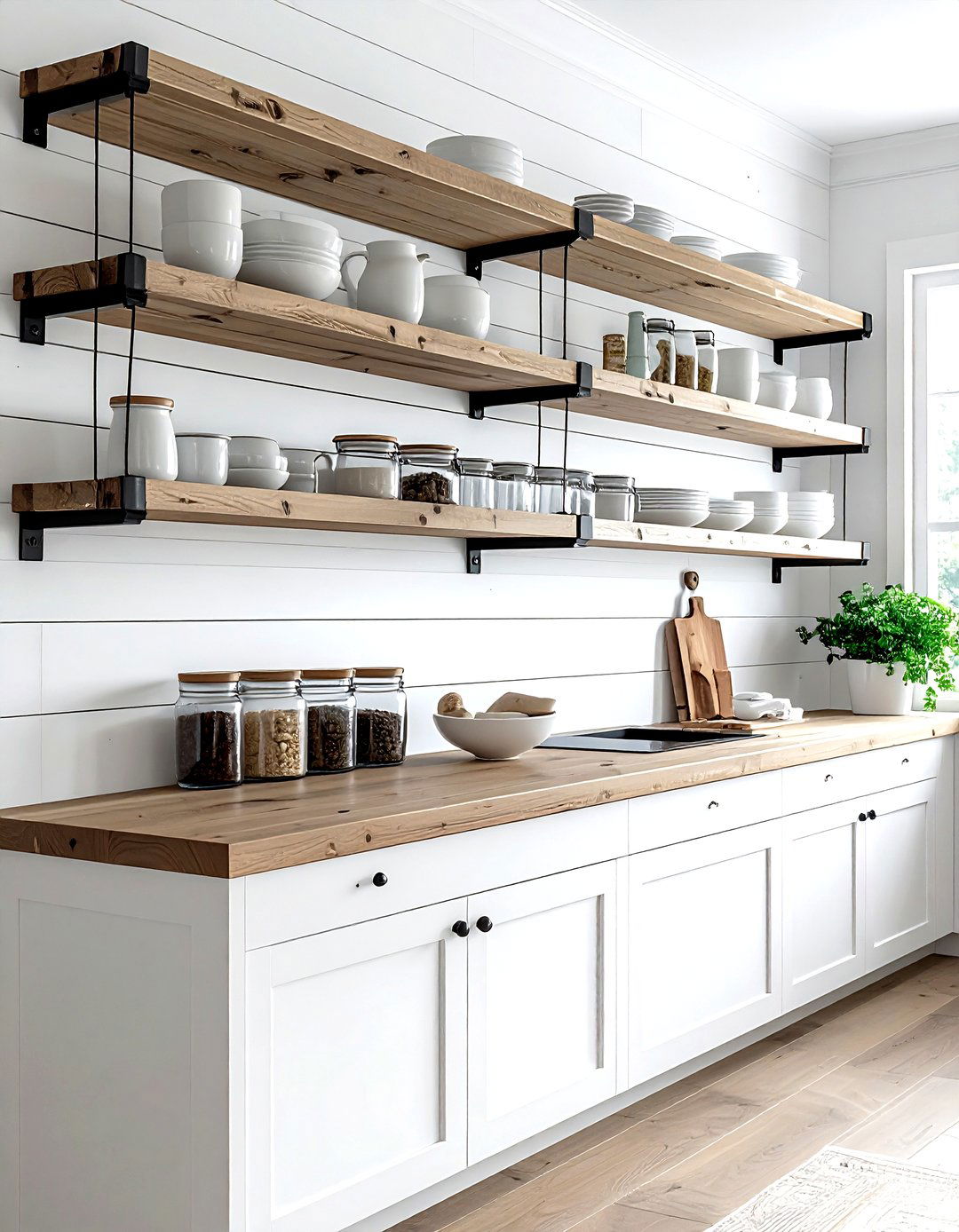 Shiplap behind open shelving - 30 kitchen shiplap ideas