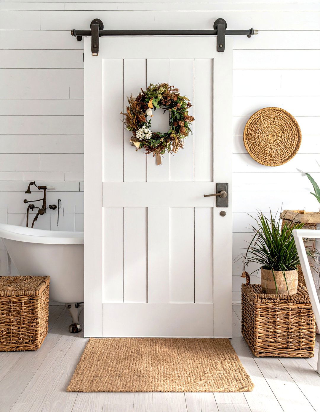 Shiplap farmhouse pocket door - 30 bathroom pocket door ideas