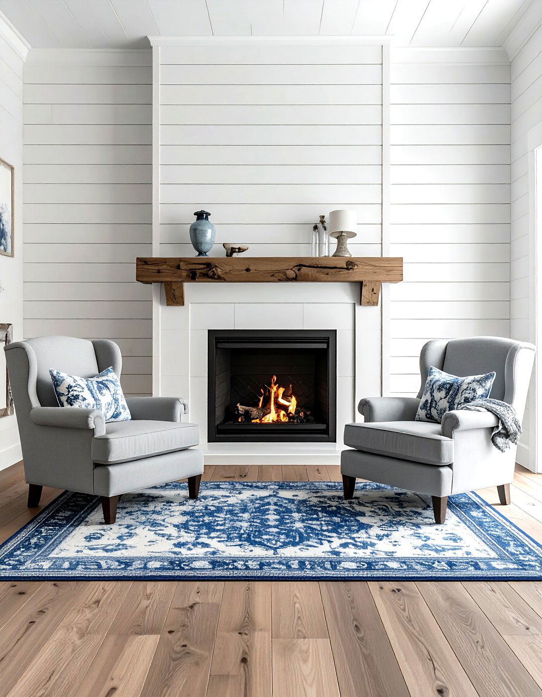 Shiplap fireplace wall - 30 living room wood burning fireplace ideas