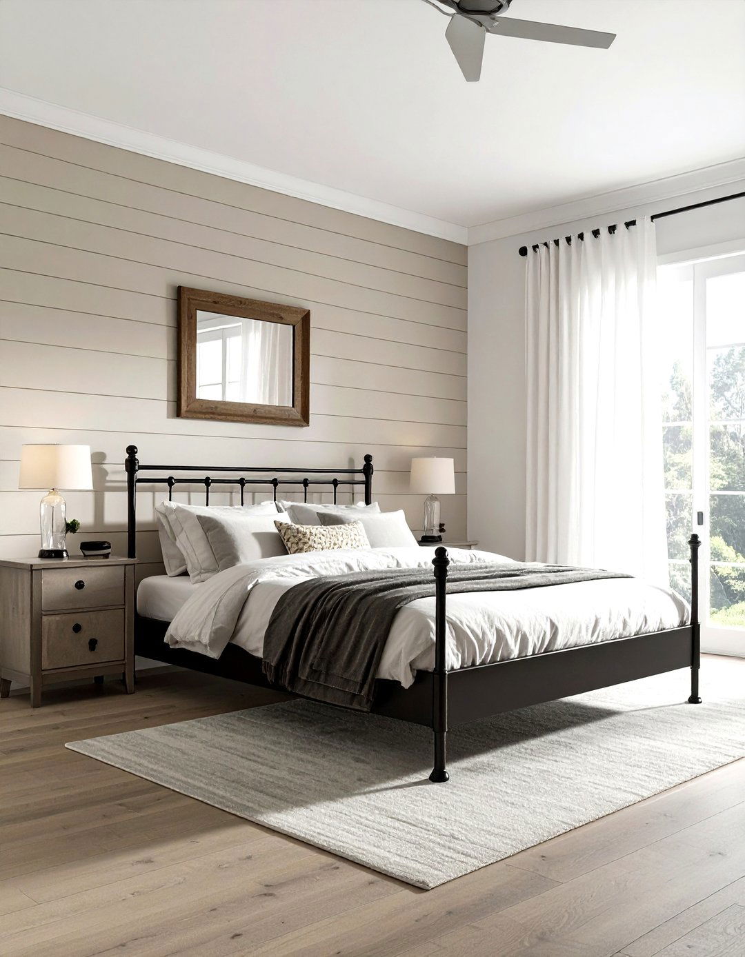 Shiplap wall bedroom - 30 farmhouse beige bedroom ideas