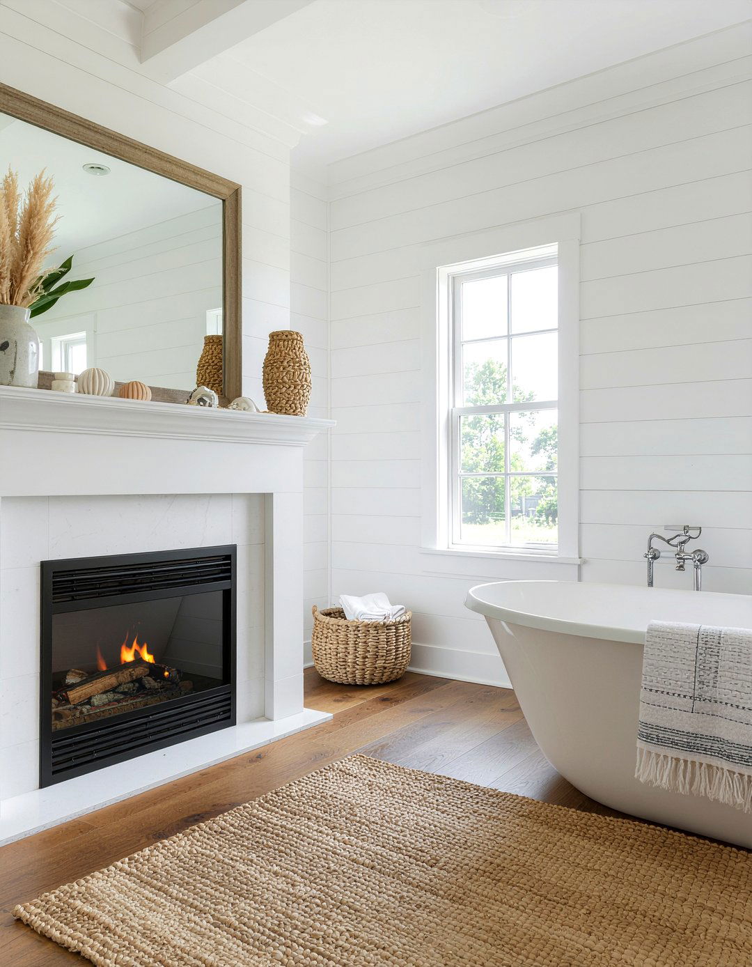 Shiplap wall fireplace bathroom - 30 bathroom fireplace ideas