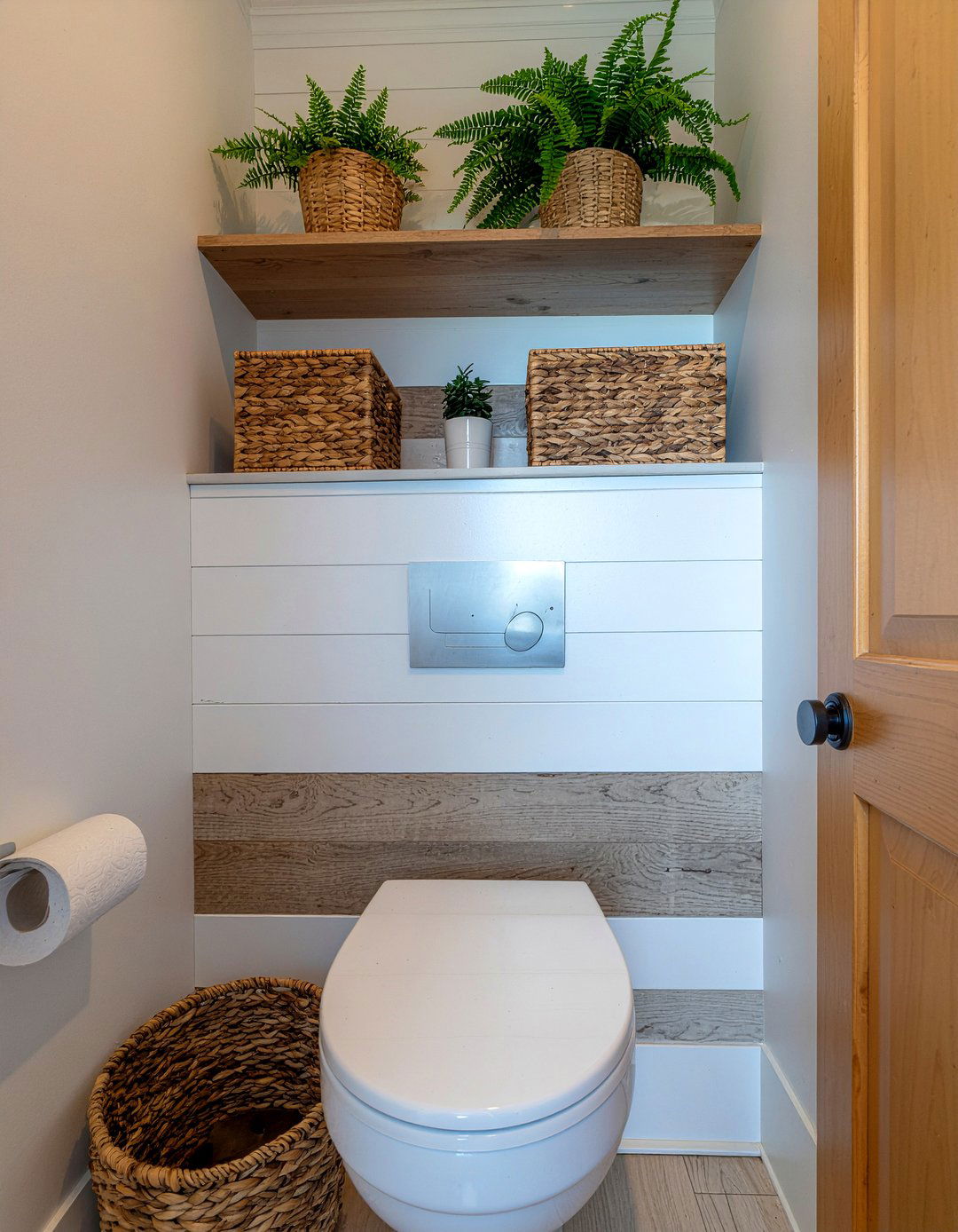 Shiplap wall storage - 30 over toilet storage ideas