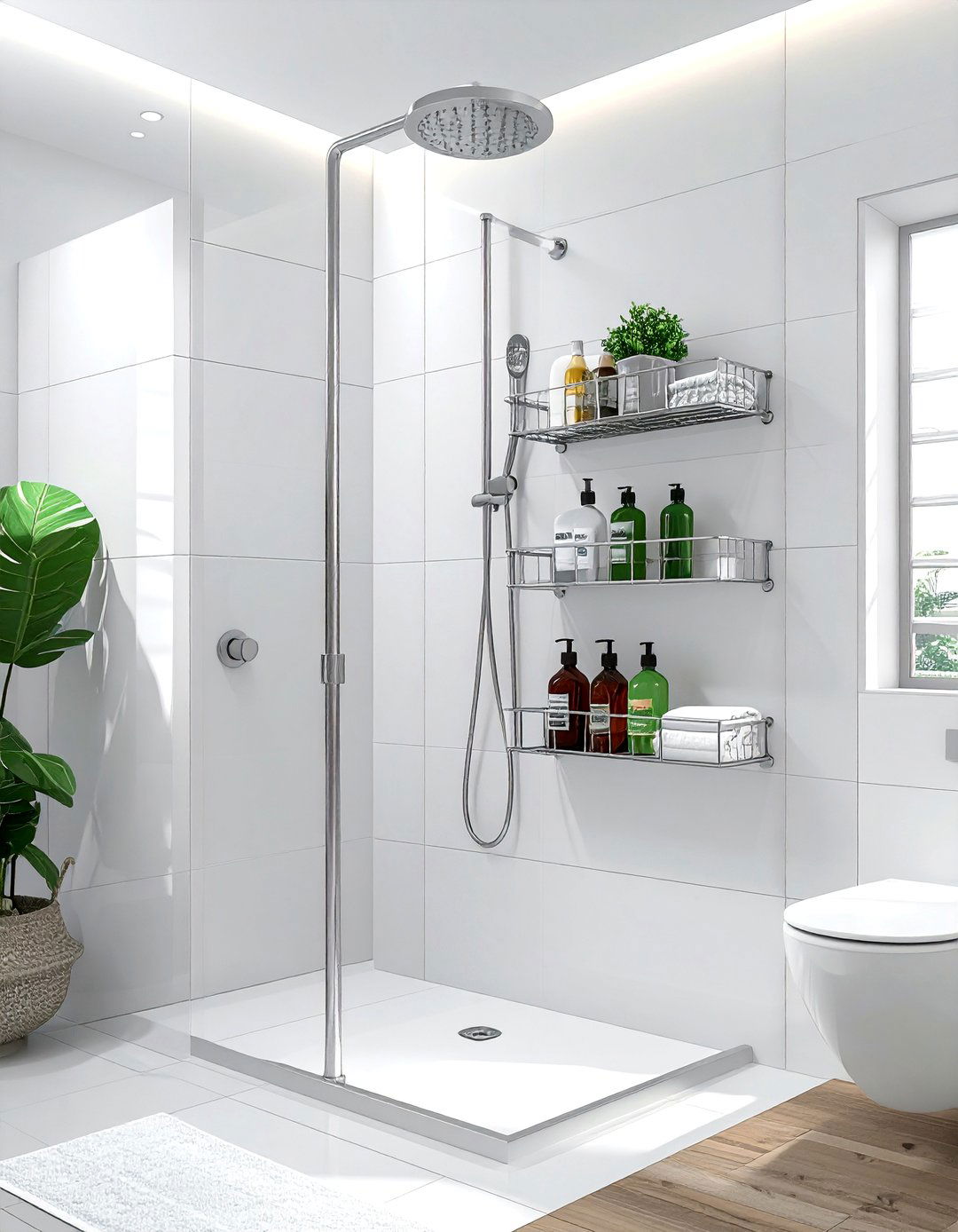 Shower caddy tension pole - 30 bathroom space-saving ideas