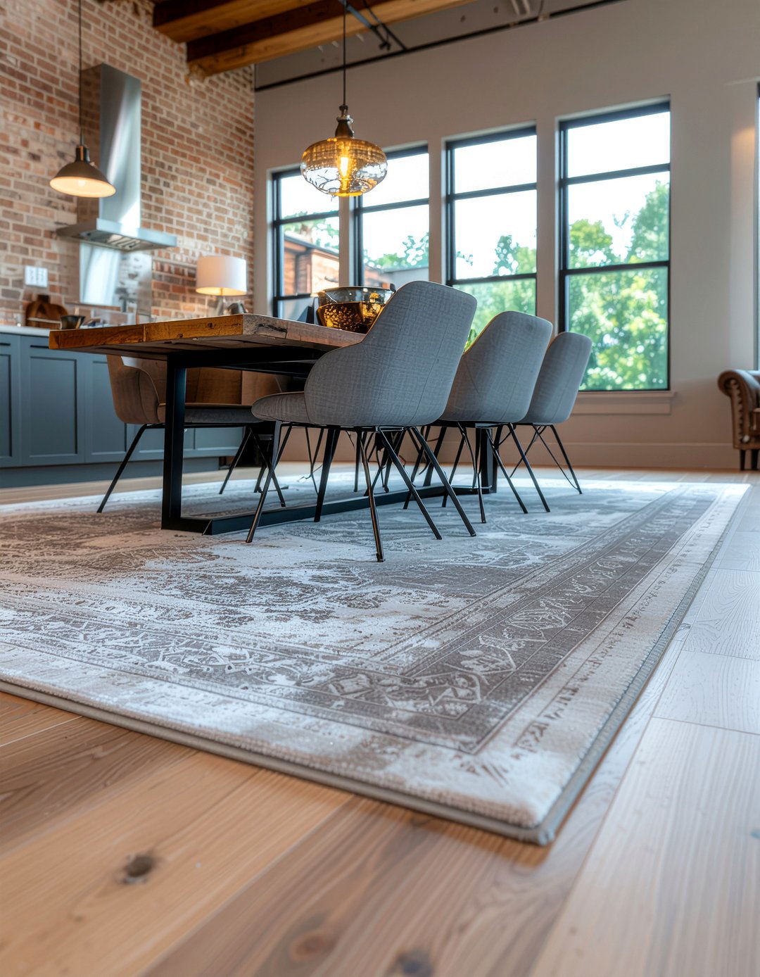 Silk Rug With Industrial Dining Set - 30 dining room high-low mixing ideas