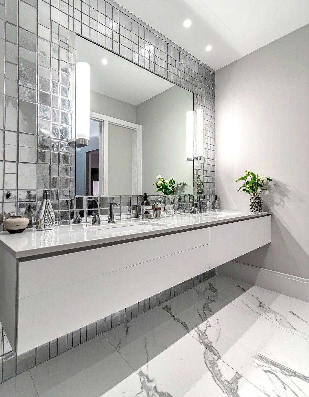 Silver Glass Tile Bathroom Mirror Surround - 30 glass tile bathroom ideas