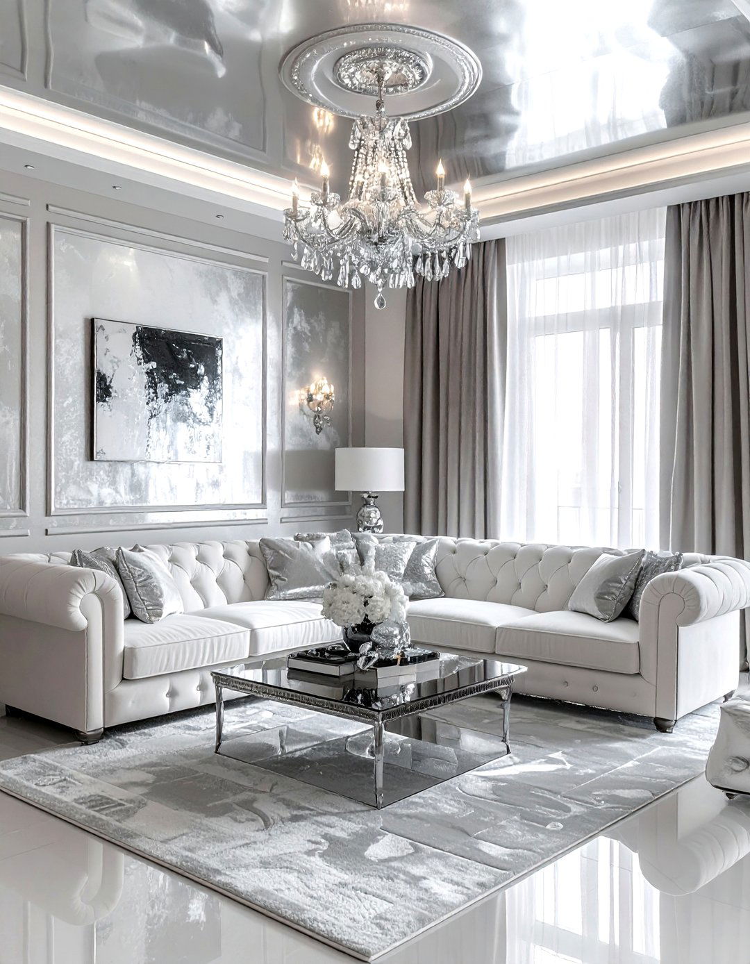 Silver Metallic Ceiling - 30 living room wallpapered ceiling ideas