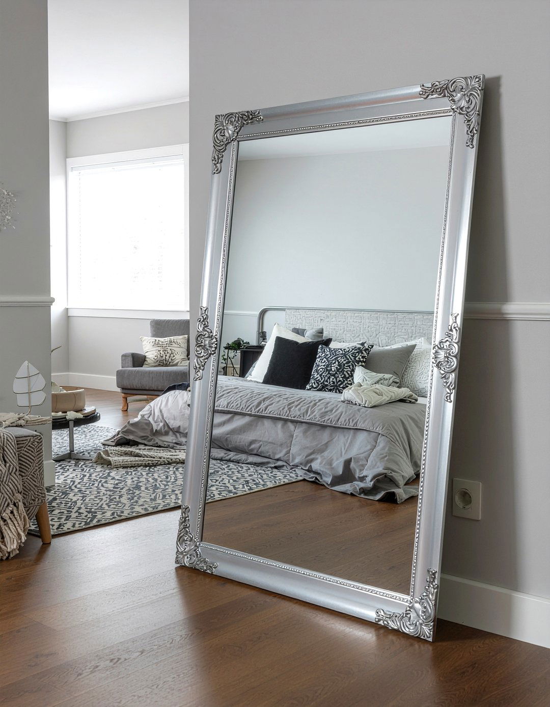 Silver Mirror Frame - 30 metal accent bedroom ideas