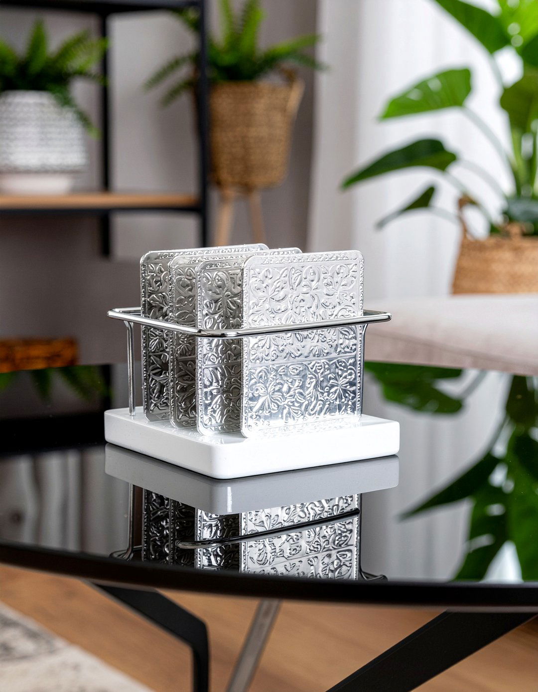 Silver coaster set - 30 chrome accent living room ideas