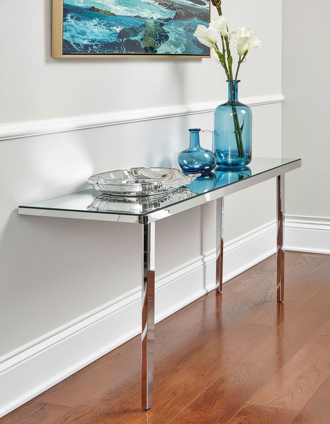 Silver console table - 30 metal accent living room ideas