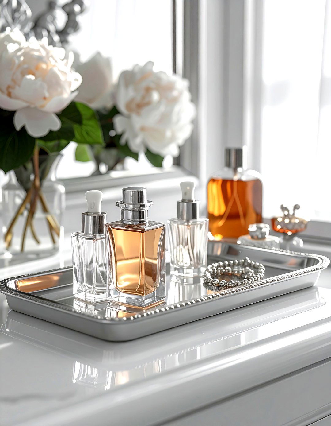 Silver decorative tray - 30 grey bedroom accessories ideas