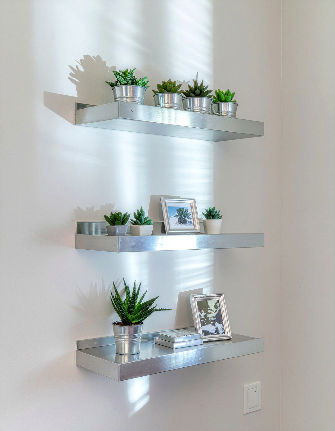 Silver floating shelves - 30 silver accent bedroom ideas