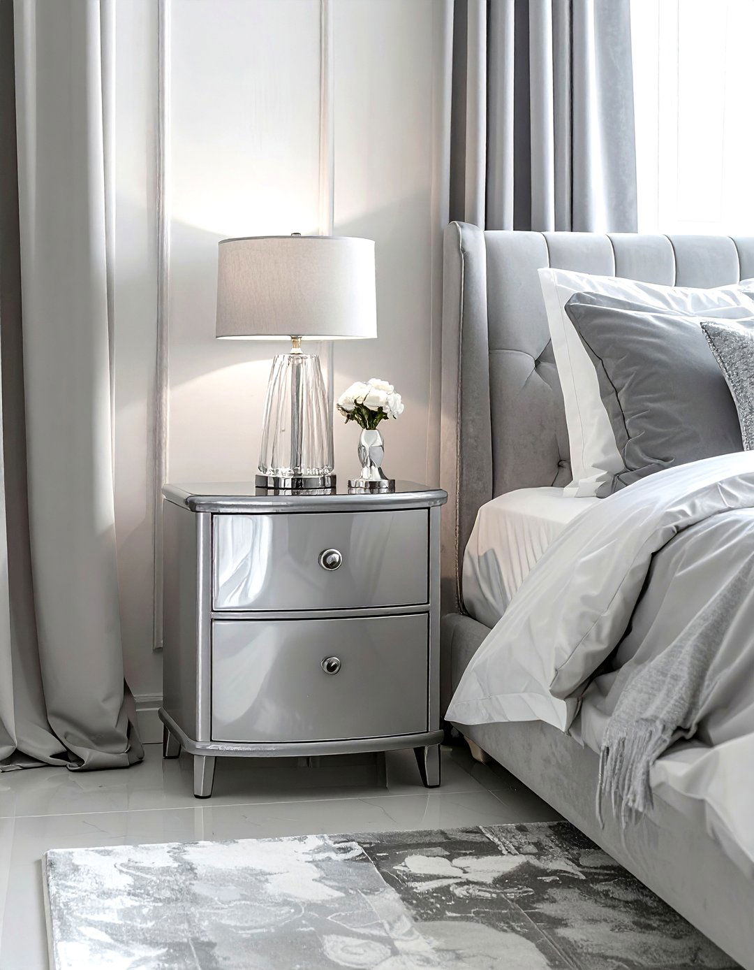 Silver grey bedside table - 30 grey bedroom furniture ideas
