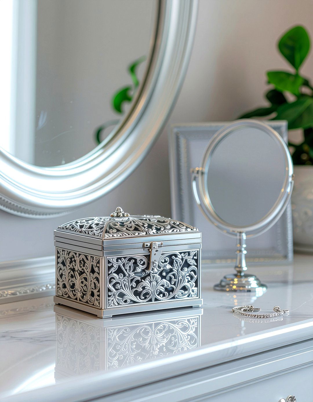 Silver jewelry box display - 30 silver accent bedroom ideas