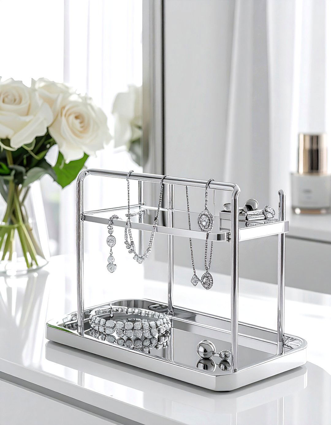 Silver jewelry stand - 30 grey bedroom accessories ideas