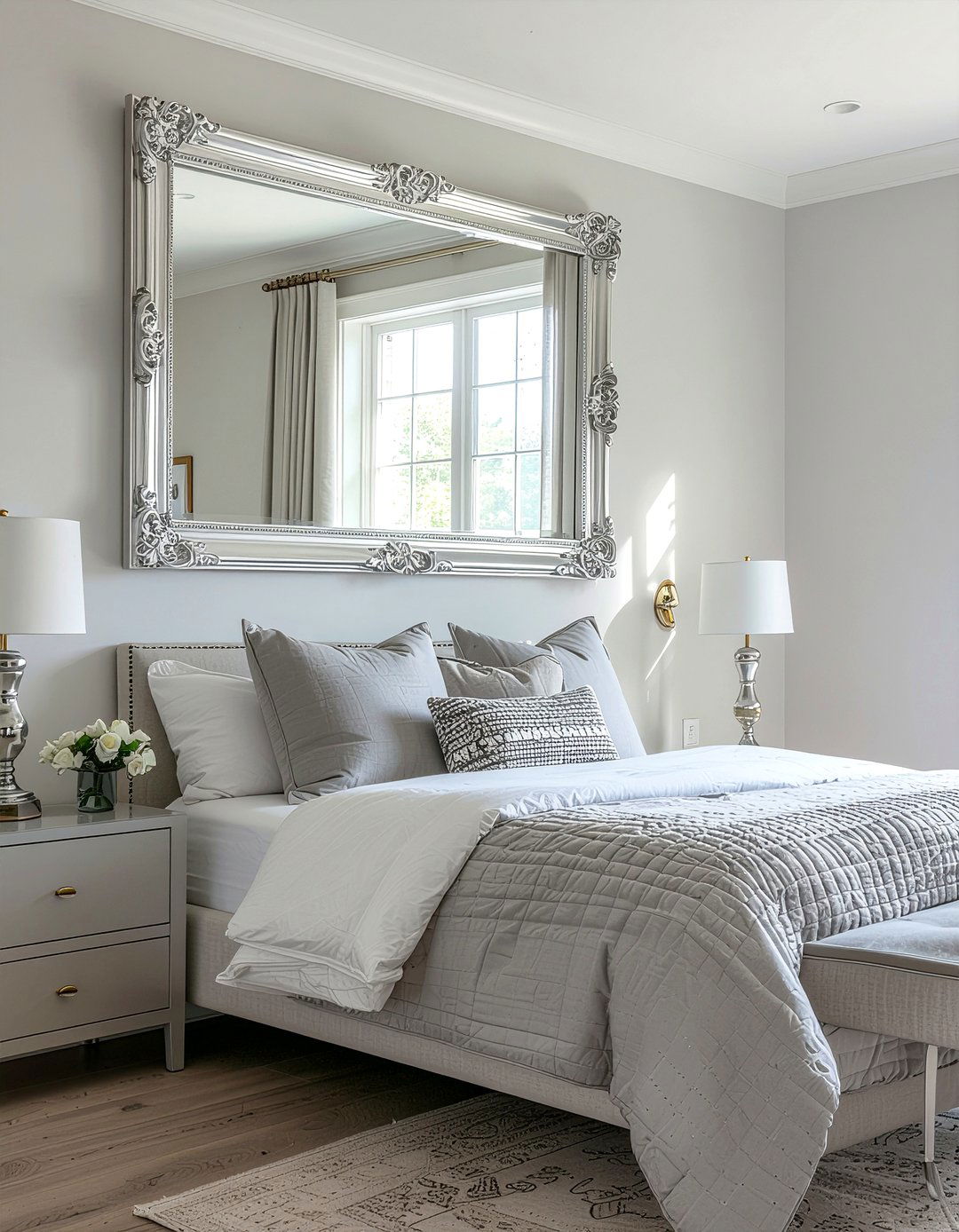 Silver mirror above bed - 30 silver accent bedroom ideas