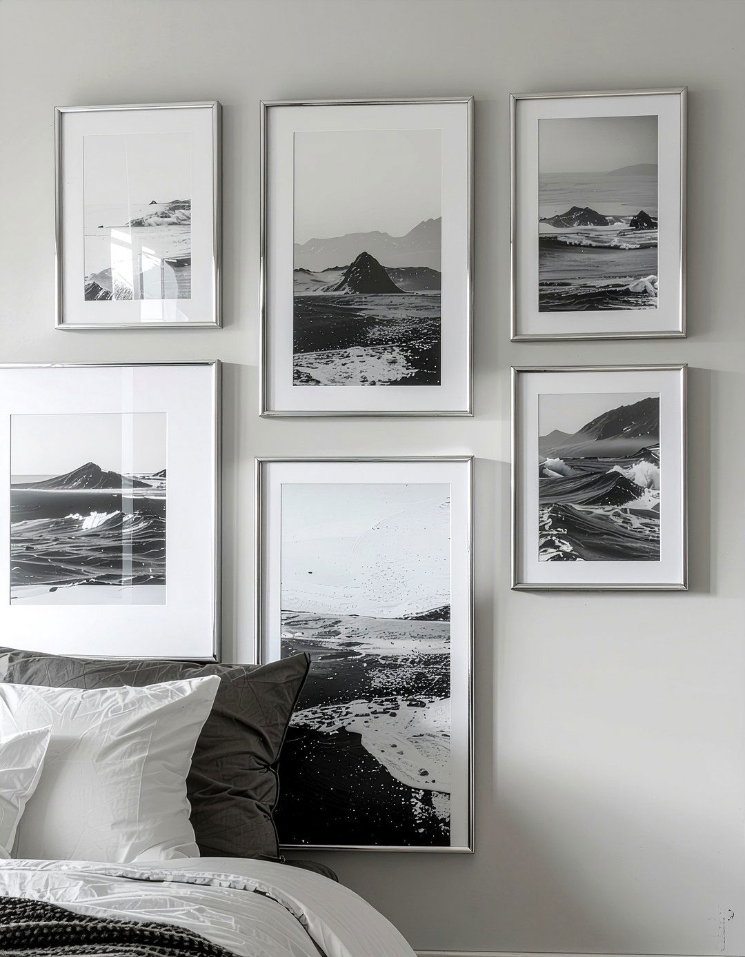 Silver picture frames wall - 30 silver accent bedroom ideas