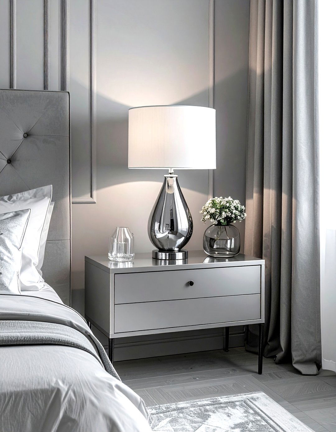 Silver table lamp - 30 grey bedroom accessories ideas