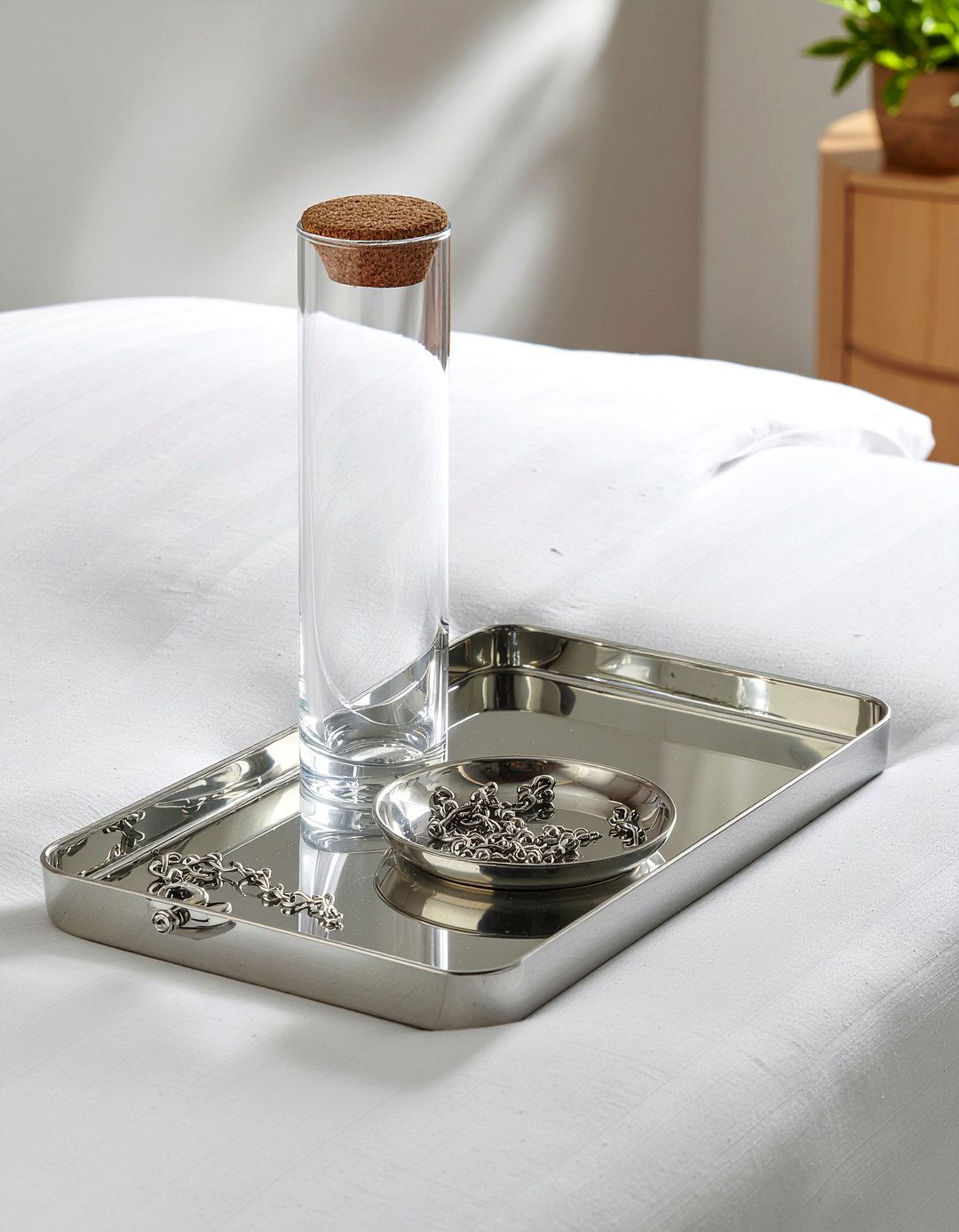 Silver tray for nightstand - 30 silver accent bedroom ideas